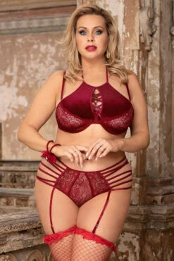Plus Size Velvet And Lace Bra Set -3 Wish Sexy Shop SIR80950 2P red front