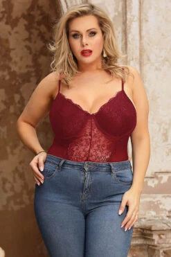 Plus Size Lace Underwire Teddy -3 Wish Sexy Shop SIR80959 2P red front 2