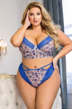 Plus Size Blue Bell Floral Mesh Bra Set