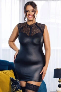 Plus Size Black Wet Look And Lace Dress