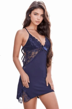 Lacy Inset Chemise -3 Wish Sexy Shop W1126 Dark Blue Front 2