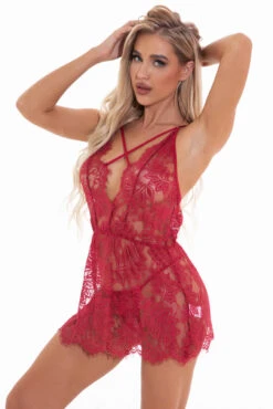 Simply Cinched Lace Chemise 38 Simply Cinched Lace Chemise -3 Wish Sexy Shop W4060 dark red Front