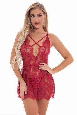Simply Cinched Lace Chemise 39 Simply Cinched Lace Chemise -3 Wish Sexy Shop W4060 dark red Front 2