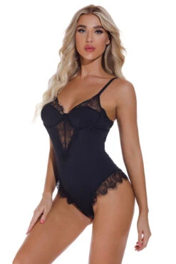 Lucky Lace Trim Teddy -3 Wish Sexy Shop W5346 black front 81629