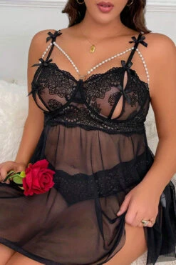 Plus Size Split Cup Mesh Babydoll -3 Wish Sexy Shop WF5 430 black front 1