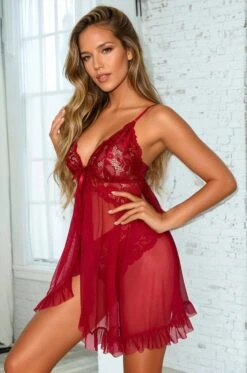 Mesh And Lace Babydoll With Bow -3 Wish Sexy Shop WF5 5934 wine red front 3