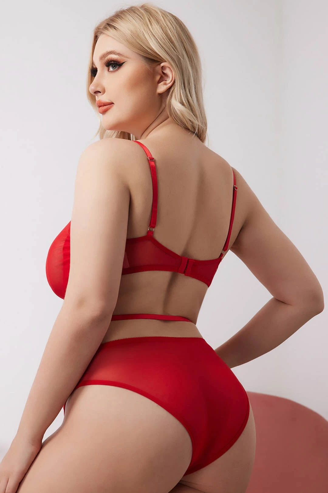 Plus Size Racy Red Mesh Bra Set 2 Plus Size Racy Red Mesh Bra Set - Image 2