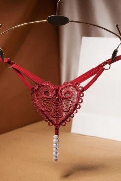 Heart Charm Crotchless Pearl G-String 14 Heart Charm Crotchless Pearl G-String -3 Wish Sexy Shop WFP2 2253 wine red front