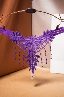 Embroidered Fringe Pearl Thong 11 Embroidered Fringe Pearl Thong -3 Wish Sexy Shop WFP2 2275 purple front