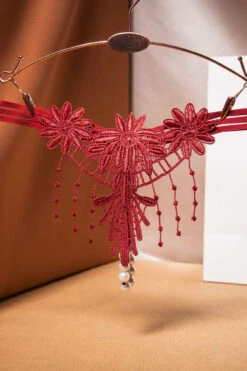 Embroidered Fringe Pearl Thong 15 Embroidered Fringe Pearl Thong -3 Wish Sexy Shop WFP2 2275 wine red front