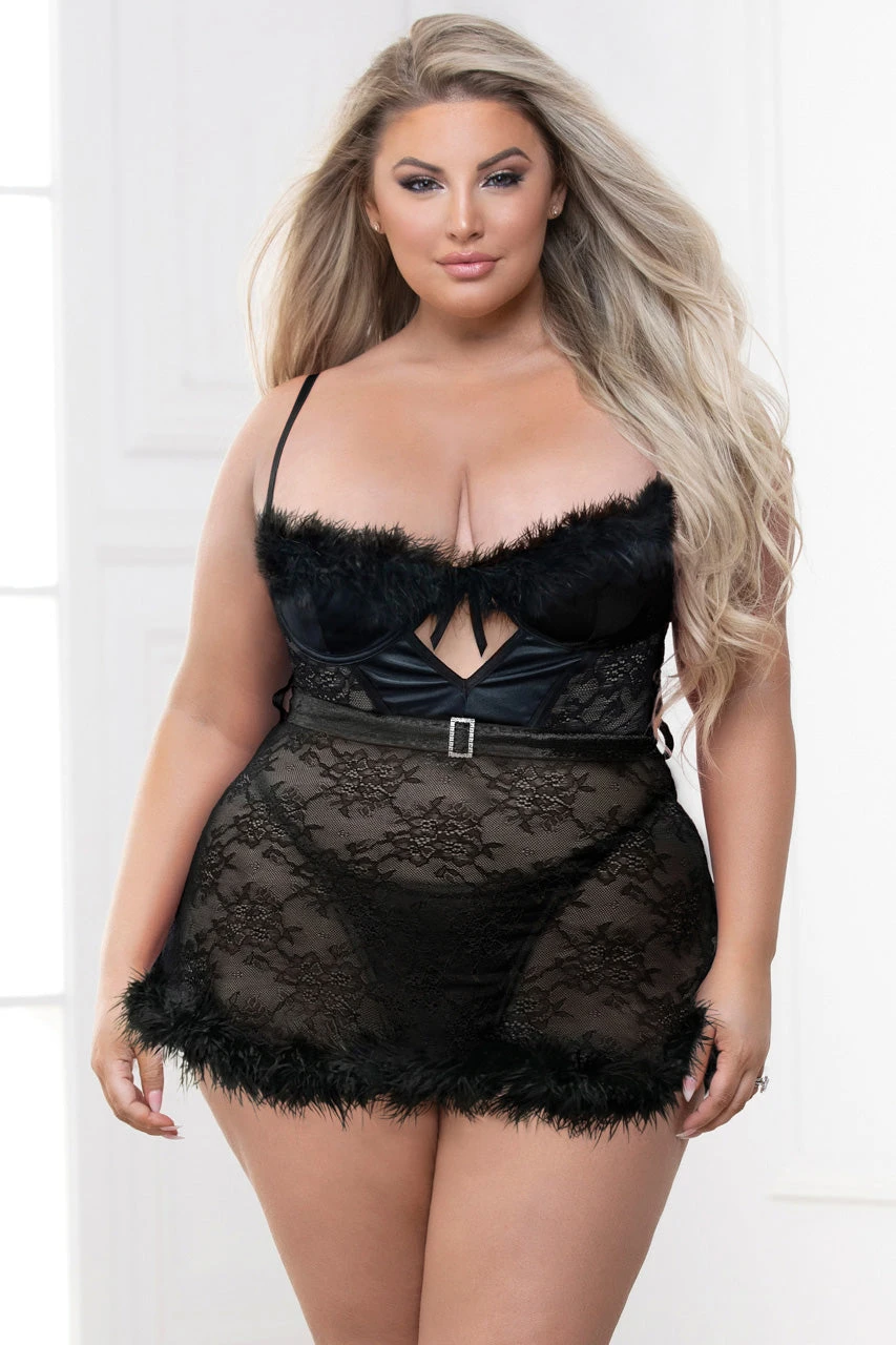 Plus Size Holiday Lace And Marabou Chemise 3 Plus Size Holiday Lace And Marabou Chemise - Image 3