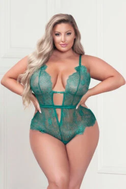 Plus Size Low Cut Eyelash Lace Teddy -3 Wish Sexy Shop stm11377xp green f