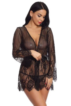 Floral And Stripes Robe -3 Wish Sexy Shop w3513 black front 2