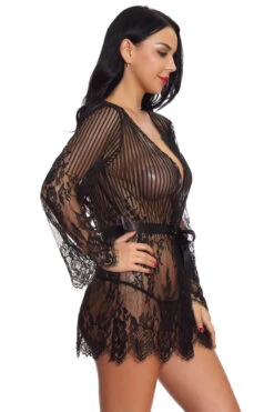 Floral And Stripes Robe -3 Wish Sexy Shop w3513 black front 4