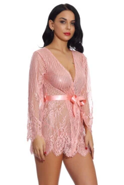 Floral And Stripes Robe -3 Wish Sexy Shop w3513 pink front 4