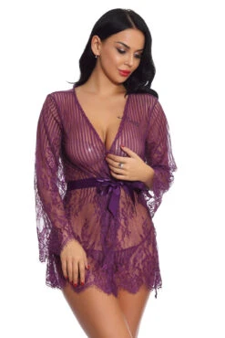 Floral And Stripes Robe -3 Wish Sexy Shop w3513 purple front
