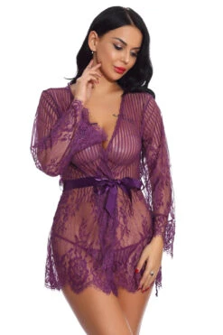 Floral And Stripes Robe -3 Wish Sexy Shop w3513 purple front 2