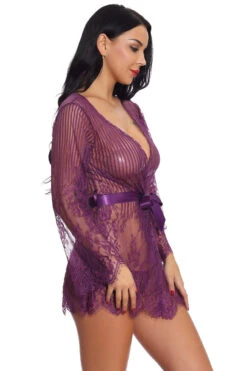 Floral And Stripes Robe -3 Wish Sexy Shop w3513 purple front 4