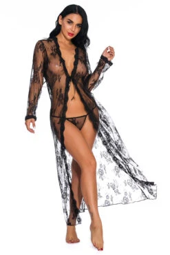 Long Lace Flyaway Robe 15 Long Lace Flyaway Robe -3 Wish Sexy Shop w3637 black front 2