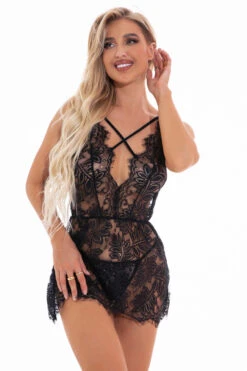 Simply Cinched Lace Chemise 29 Simply Cinched Lace Chemise -3 Wish Sexy Shop w4060 black front 3