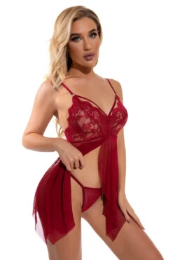 Mesh And Lace Flutter Babydoll -3 Wish Sexy Shop w4073 red front